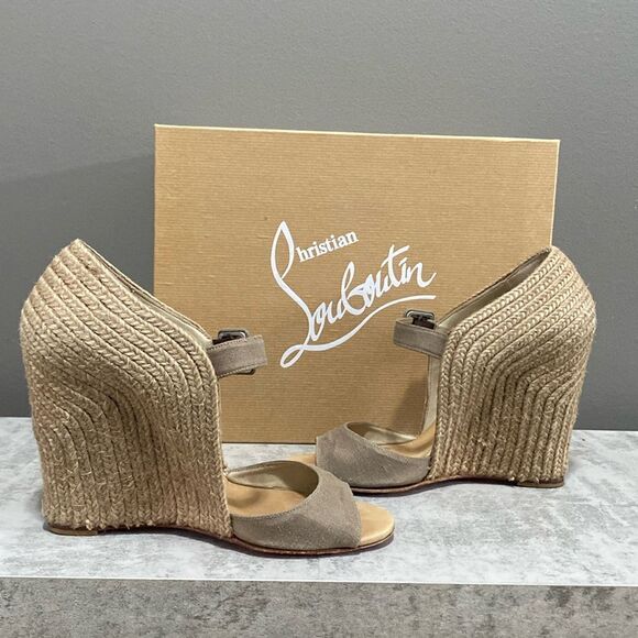 CHRISTIAN LOUBOUTIN Taupe Espadrille Wedges Size 37 US 6.5 Red Bottoms - Picture 3 of 16